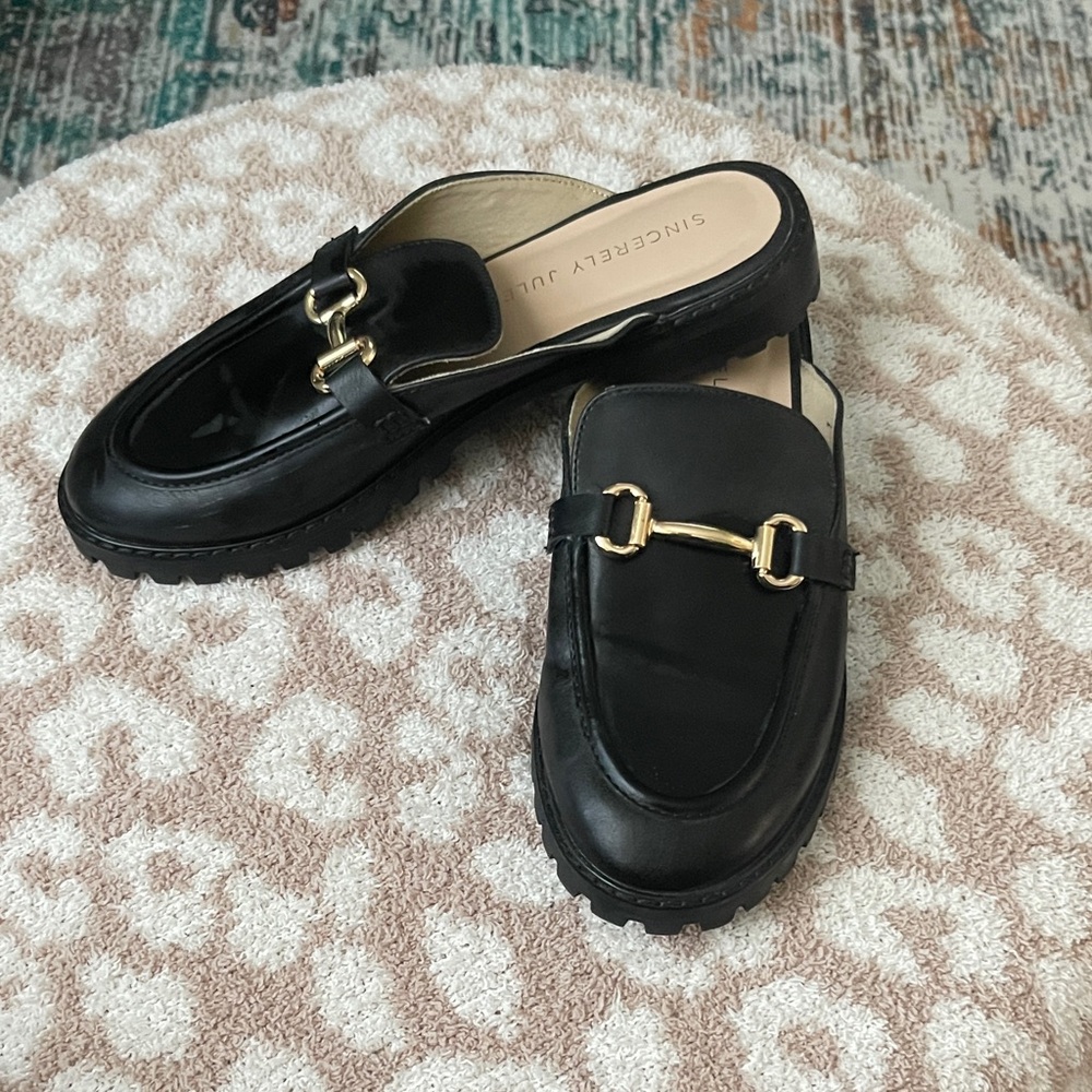 Sincerely Jules Black Mules with Gold Accent